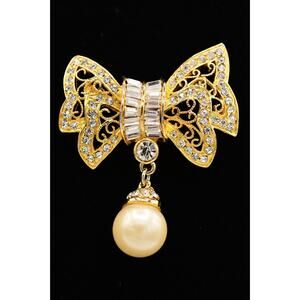 Vintage Bow Pin Brooch Rhinestone Crystal Baguette Dangle Pearl Gold 1980s BinAL